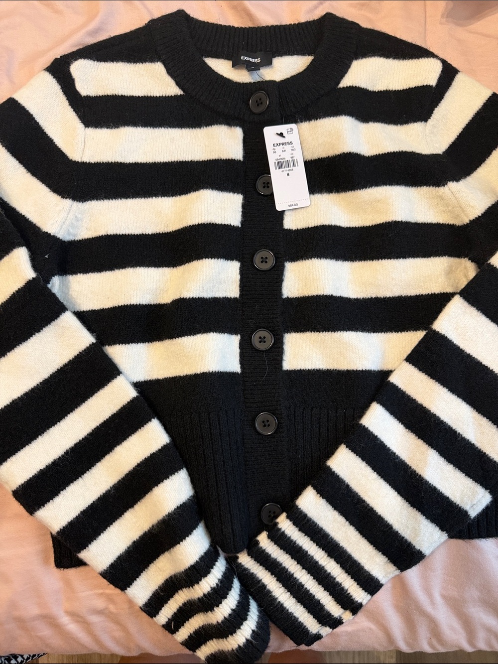 Express Black and White Striped Button Cardigan